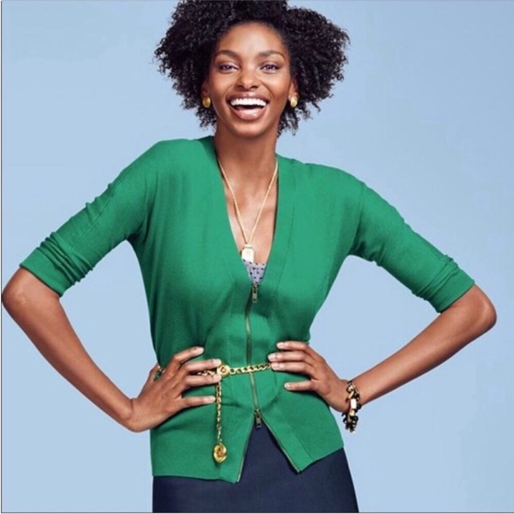 Cabi Banner green v neck full zip cardigan size Small #5142